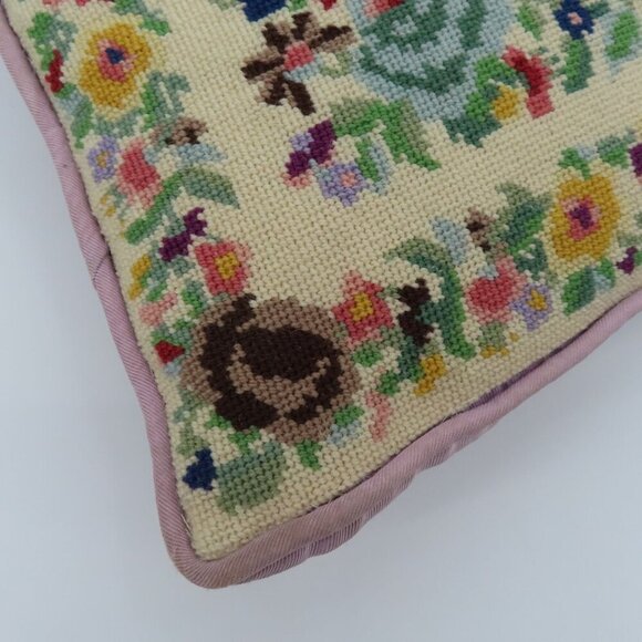 Handmade Multicolor Flower Floral Needlepoint Purple Back Throw Accent Pillow - Picture 3 of 13